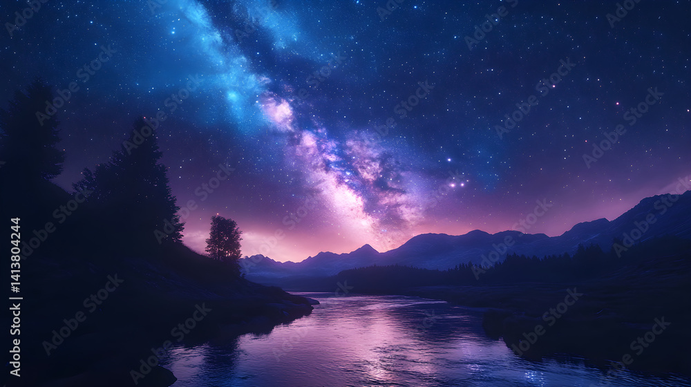 Celestial Bridge: Nighttime Majesty and Reflected Cosmic Splendor Under the Milky Way