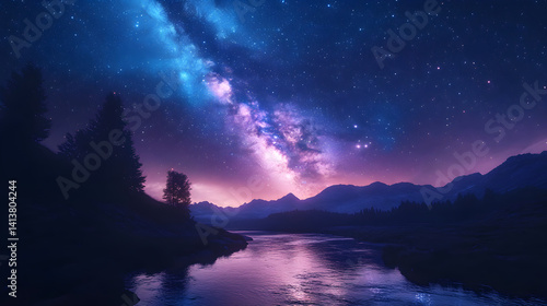 Obraz na płótnie Celestial Bridge: Nighttime Majesty and Reflected Cosmic Splendor Under the Milky Way w salonie