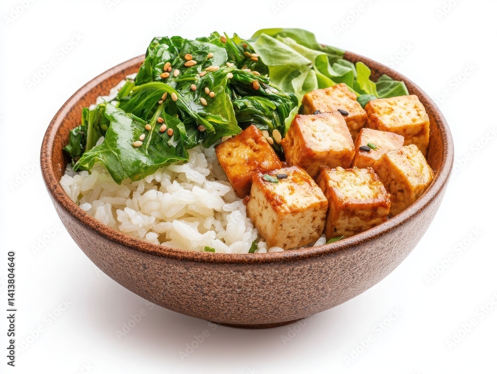A mini rice bowl with soft tofu and fresh green vegetables, isolated. A mini rice bowl with soft tofu and fresh green vegetables, isolated.