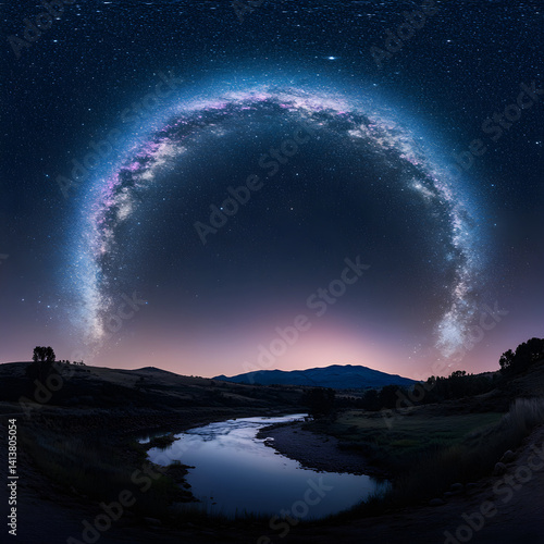 Obraz na płótnie Celestial Bridge: Nighttime Majesty and Reflected Cosmic Splendor Under the Milky Way w salonie