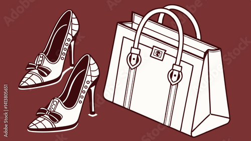 Pair of female shoes and handbag isolated on dark red  background  vector, illustration.
