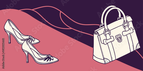 Pair of female shoes and handbag isolated on dark pink -purple  background  vector, illustration.
