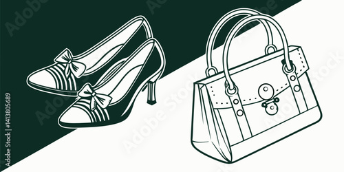Pair of female shoes and handbag isolated on dark green-white  background  vector, illustration.
