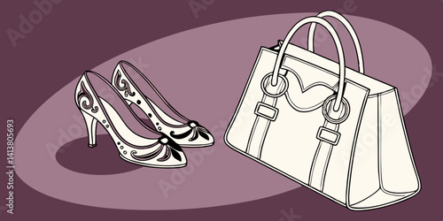 Pair of female shoes and handbag isolated on dark purple  background  vector, illustration.
