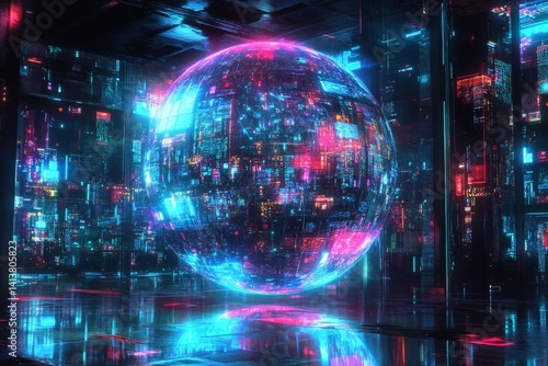 Sphere in Cyber City - A glowing sphere filled with data sits in a futuristic city, reflecting the neon lights