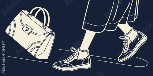 Pair of female shoes and handbag isolated on dark navy blue  background  vector, illustration.
