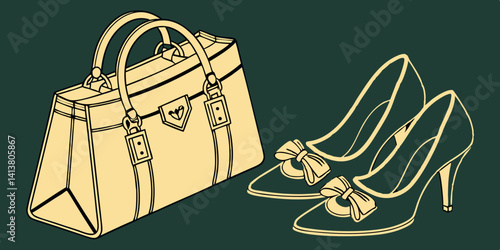 Pair of female shoes and handbag isolated on dark green background  vector, illustration.
