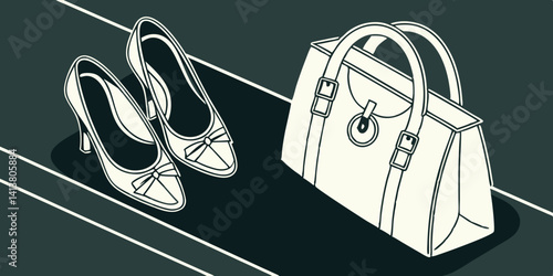 Pair of female shoes and handbag isolated on dark green background  vector, illustration.
