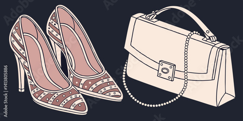 Pair of female shoes and handbag isolated on dark navy blue-pink   background  vector, illustration.
