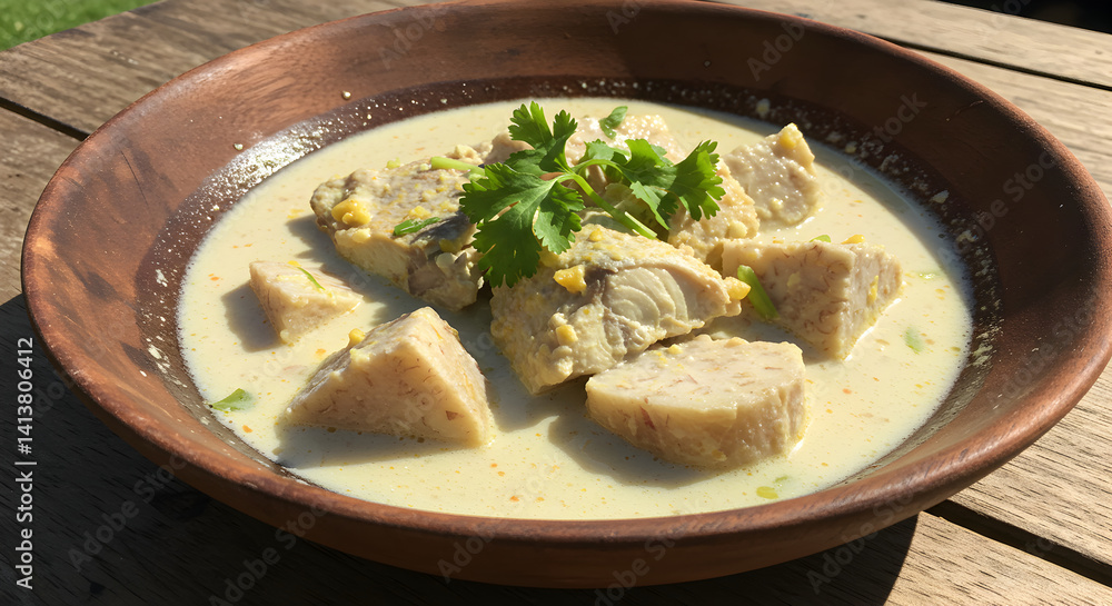 Coconut Milk Fish Stew Served In Wooden Bowl On Rustic Table Coconut Milk Fish Stew Served In Wooden Bowl On Rustic Table