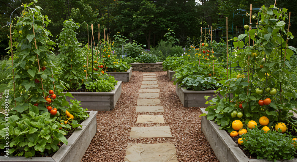 Obraz premium Abundant Vegetable Garden With Raised Beds And Stone Pathway View