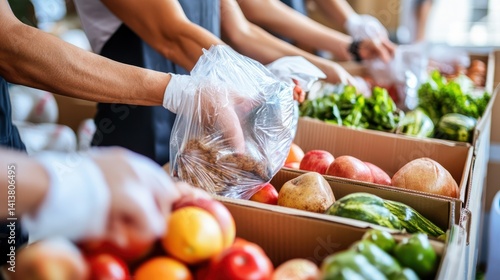 Volunteers bagging produce at food bank distribution