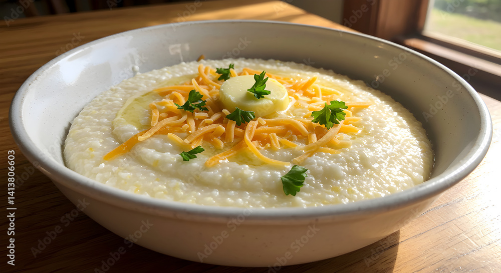 Creamy Grits With Cheddar Cheese And Fresh Parsley On Rustic Table Creamy Grits With Cheddar Cheese And Fresh Parsley On Rustic Table