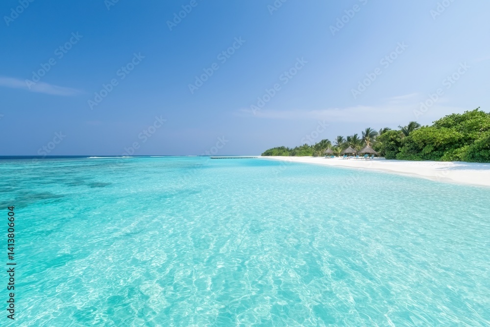 Serene Tropical Beach with Crystal Clear Water and Blue Sky Serene Tropical Beach with Crystal Clear Water and Blue Sky