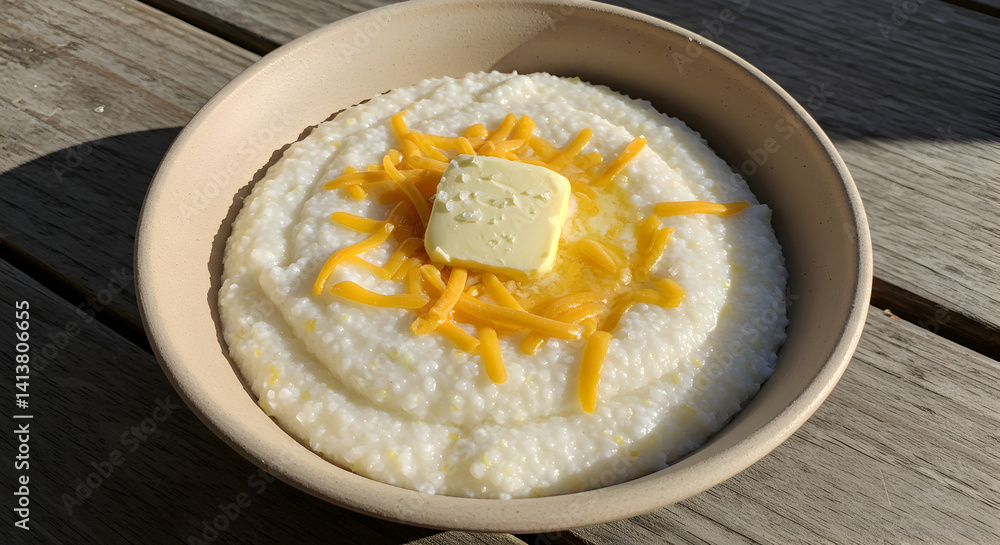 Bowl With Grits Topped With Melted Butter And Shredded Cheese Bowl With Grits Topped With Melted Butter And Shredded Cheese