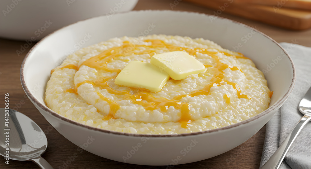 Creamy Breakfast Grits Topped With Butter And Drizzled Honey Close-Up Creamy Breakfast Grits Topped With Butter And Drizzled Honey Close-Up