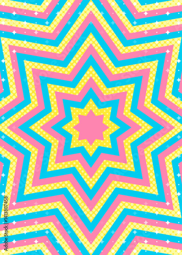 同心状の星形とハーフトーンのドット、キラキラのパターン背景、八角星、ポップなデザイン、装飾的な放射型図形、縦向き
