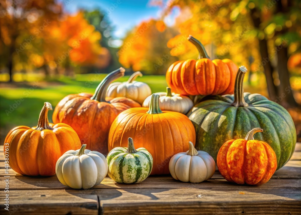 Autumn Harvest: Colorful Pumpkins on Rustic Wooden Table - Fall Photography Autumn Harvest: Colorful Pumpkins on Rustic Wooden Table - Fall Photography