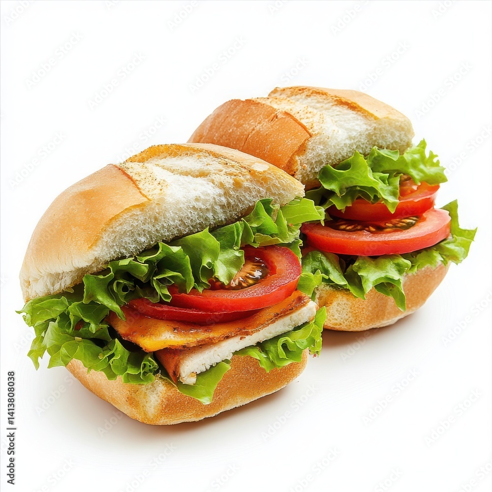 Isolated small sandwich set featuring lettuce and ripe tomato filling. Isolated small sandwich set featuring lettuce and ripe tomato filling.