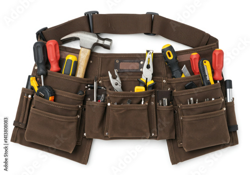Tool belt with assorted tools hanging, ready for use.