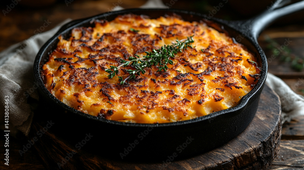 Crispy Rosti potato pancake in a cast iron pan garnished with fresh thyme symbolizes rustic comfort, culinary simplicity, and the warmth of traditional home cooking with modern presentation
Crispy Rosti potato pancake in a cast iron pan garnished with fresh thyme symbolizes rustic comfort, culinary simplicity, and the warmth of traditional home cooking with modern presentation