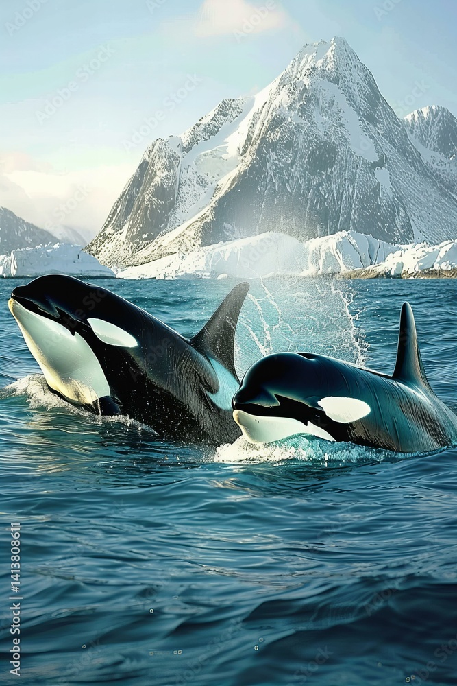 Obraz premium Two orcas in ocean, mountains behind, light blue sea water, sunlight, photo realistic.