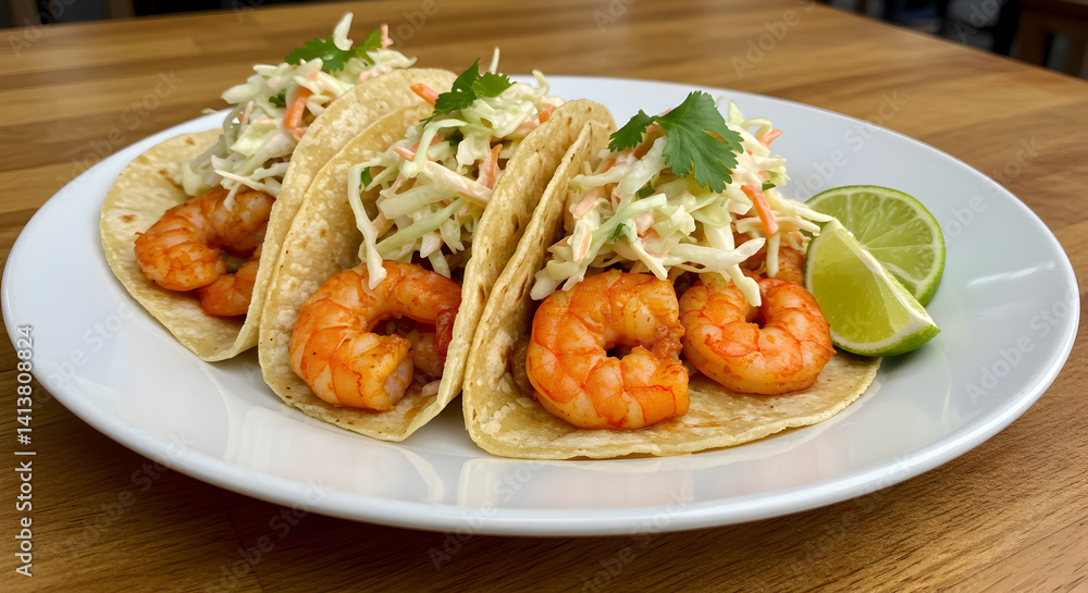 Delicious Shrimp Tacos Served With Coleslaw And Lime Wedges On A White Plate Delicious Shrimp Tacos Served With Coleslaw And Lime Wedges On A White Plate