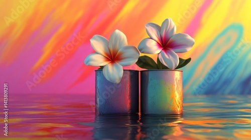 Two vibrant flowers in cans reflect on a colorful, wavy background.