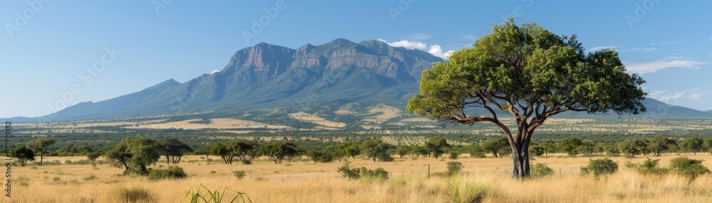 A panoramic view of a vast landscape featuring a prominent mountain range and a solitary tree under a clear blue sky. A panoramic view of a vast landscape featuring a prominent mountain range and a solitary tree under a clear blue sky.