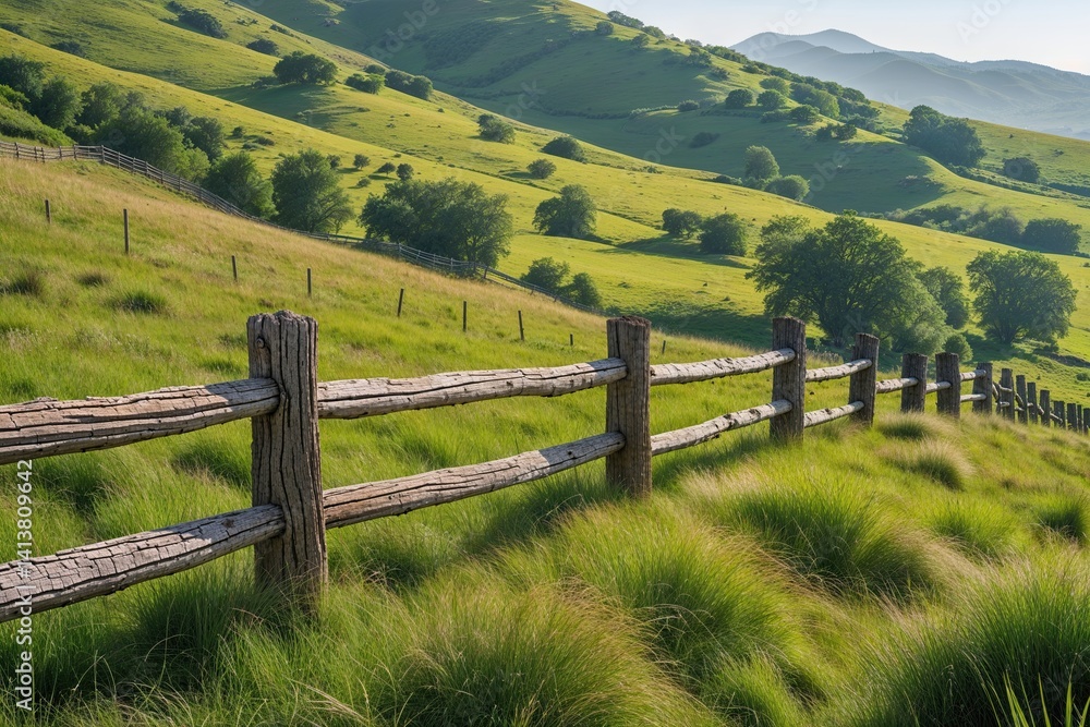 Fototapeta premium Charming Rustic Fences on Grassy Hills - Beautiful Serene Nature Landscape