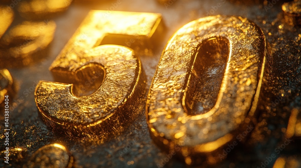 Golden 50 Anniversary Number, Glowing, Abstract Background Golden 50 Anniversary Number, Glowing, Abstract Background