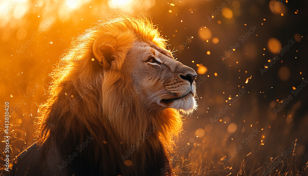 Naklejka premium Lion in Warm Sunlight – Peaceful but Powerful