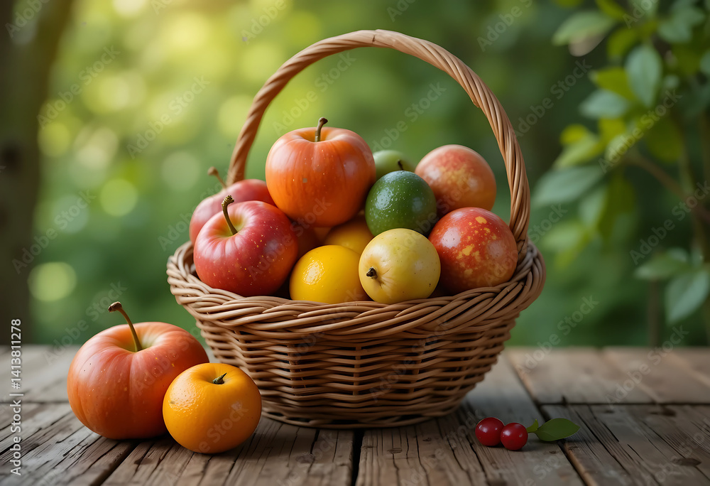 Fresh fruit basket filled with colorful apples and citrus in natural setting Fresh fruit basket filled with colorful apples and citrus in natural setting