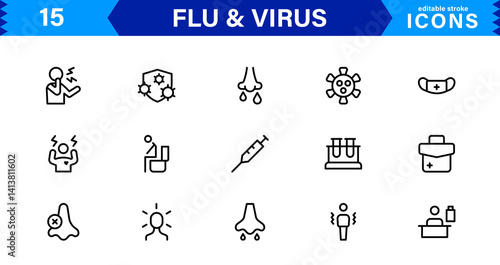 Flu and Virus Icons for Health and Wellness Projects. Featuring Key Medical Symbols for Preventative Measures and Virus Awareness.
