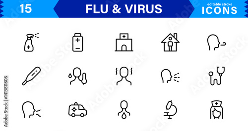 Flu and Virus Icons for Health and Wellness Projects. Featuring Key Medical Symbols for Preventative Measures and Virus Awareness.
