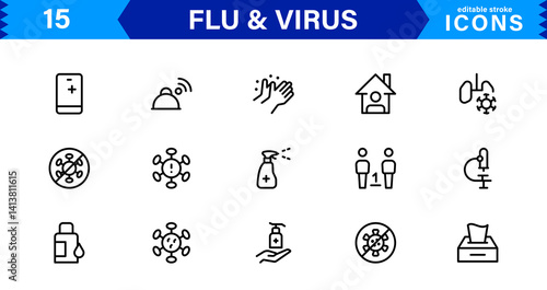 Flu and Virus Icons for Health and Wellness Projects. Featuring Key Medical Symbols for Preventative Measures and Virus Awareness.
