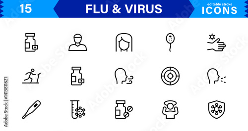 Flu and Virus Icons for Health and Wellness Projects. Featuring Key Medical Symbols for Preventative Measures and Virus Awareness.