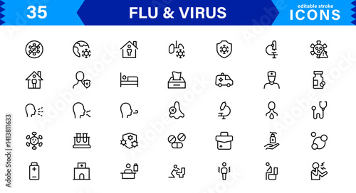 Flu and Virus Icons for Health and Wellness Projects. Featuring Key Medical Symbols for Preventative Measures and Virus Awareness.