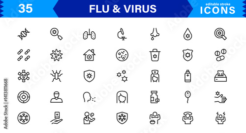 Flu and Virus Icons for Health and Wellness Projects. Featuring Key Medical Symbols for Preventative Measures and Virus Awareness.