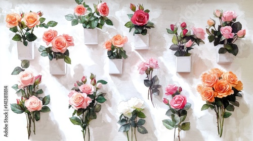 Elegant rose collection diverse pink red peach blooms on white background