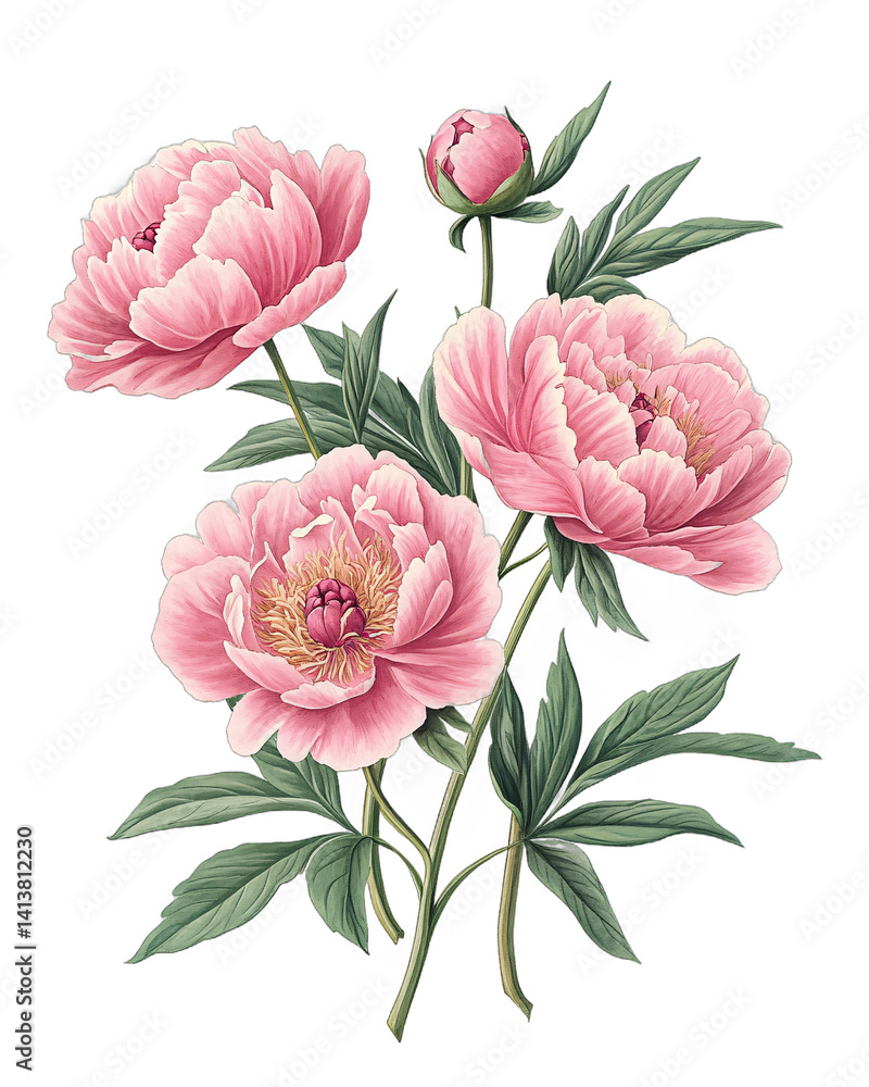 A digital illustration of three pink peonies with lush green leaves set against a dark background, suggesting a design for textiles, print, or art. A digital illustration of three pink peonies with lush green leaves set against a dark background, suggesting a design for textiles, print, or art.