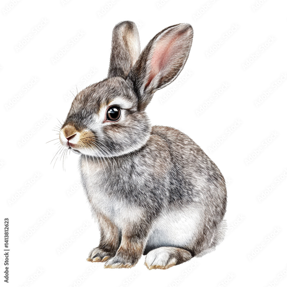 Fototapeta premium Rabbit print on isolated Transparent background showcasing detailed fur and expression, rabbit print, isolated, PNG background