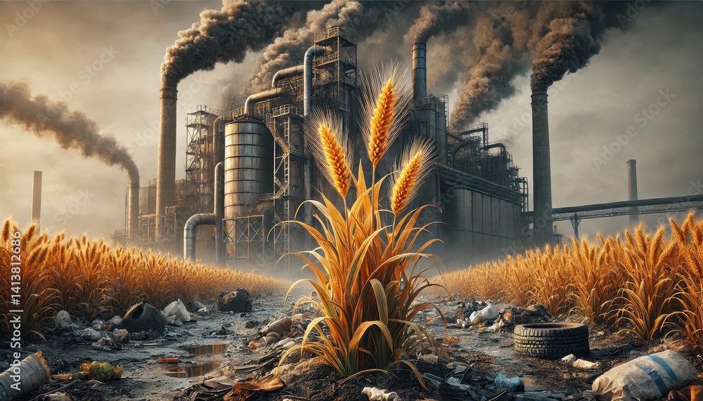 Golden Wheat Amidst Industrial Smog and Waste