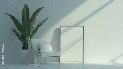 A minimalist interior scene with a chair, plant, and empty frame, evoking tranquility.