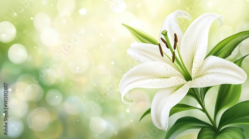 A beautiful white lily flower with green leaves against a soft, blurred background.