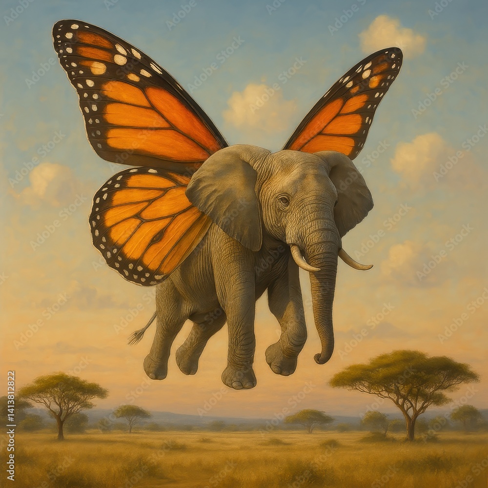 Surreal Painting of a Gray Elephant with Large Orange Butterfly Wings Flying Over a Serene African Savanna at Sunset