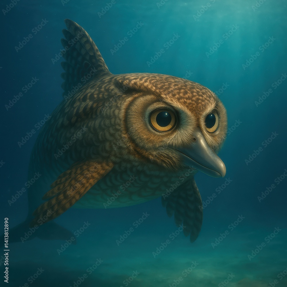 Whimsical Underwater Owl Fish Hybrid Illustration