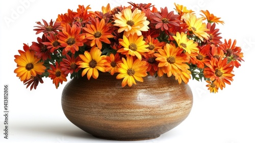 Vibrant Orange and Red Flowers in a Brown Pot