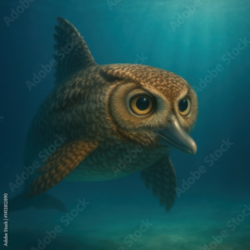 Obraz na płótnie Whimsical Underwater Owl Fish Hybrid Illustration w salonie