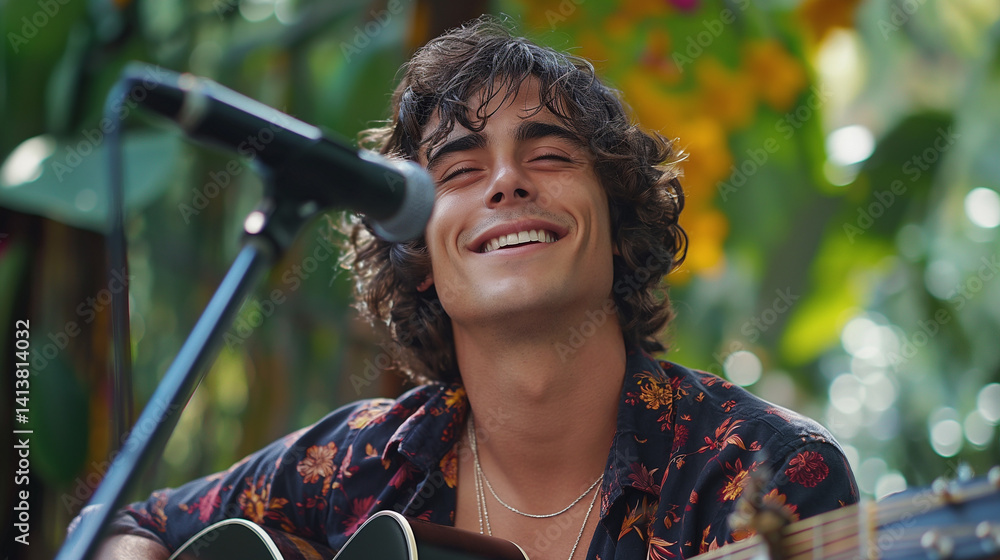 Young man plays guitar and smiles near microphone outdoors.